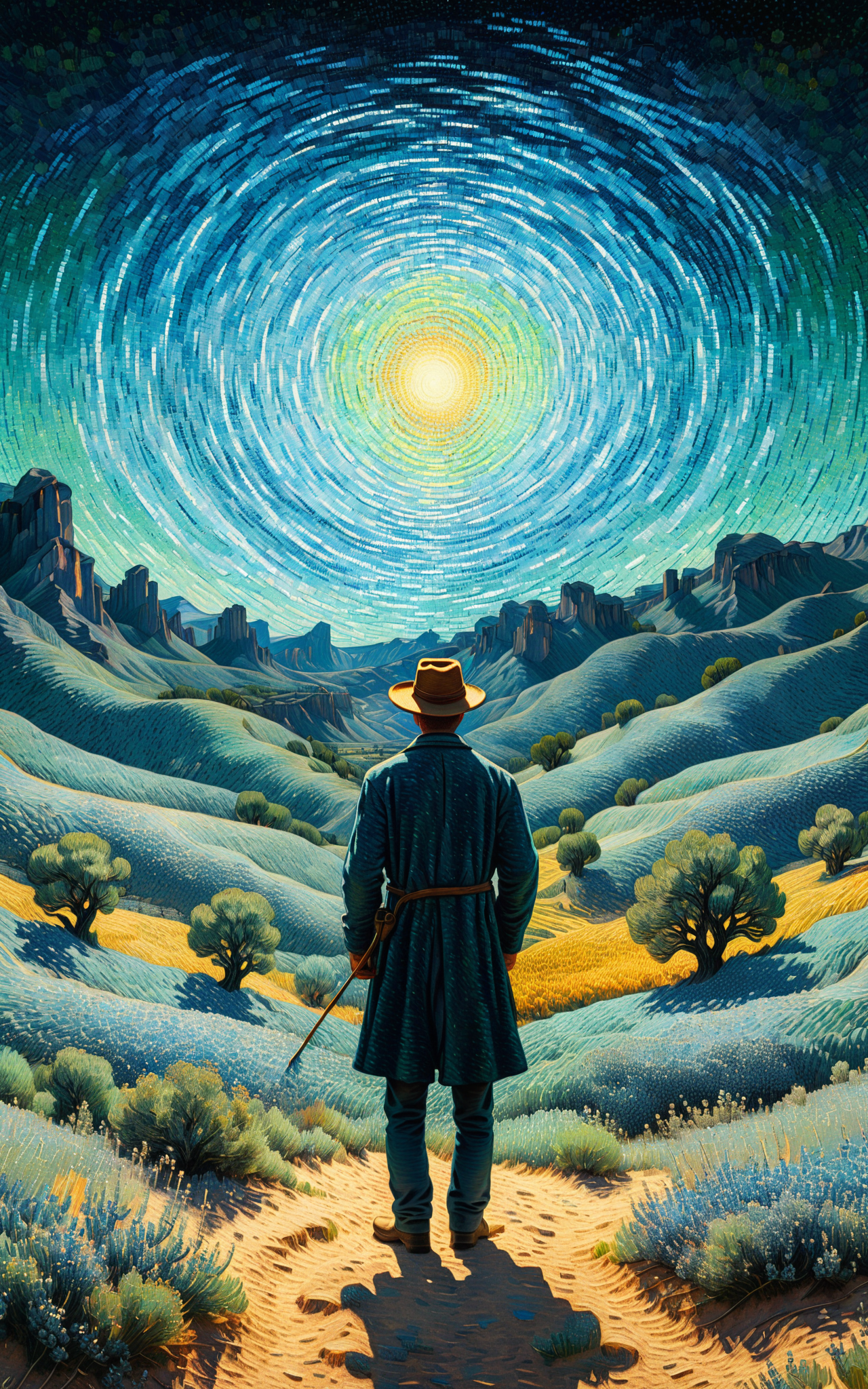 06343-1219949481-A man stands in the wilderness, blue dot light spinning, Vincent van Gogh's painting style, pointillism style, magnificent lands.png